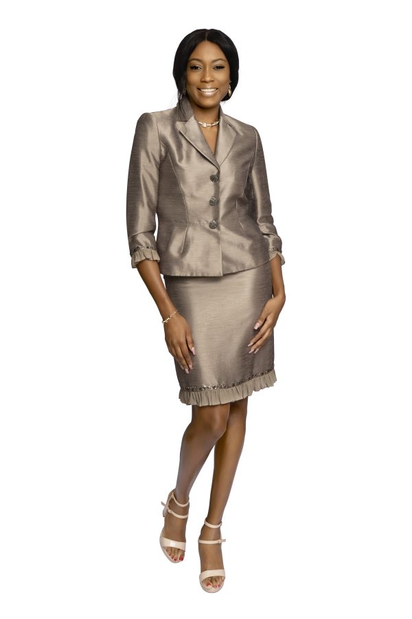 Tahari Taupe/Beige Skirt Suit with embellishments and silk ruffle edges