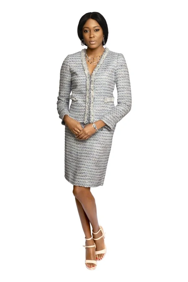Tahari Blue Multi Tweed skirt suit, with ruffle front details, and silver stud hardware
