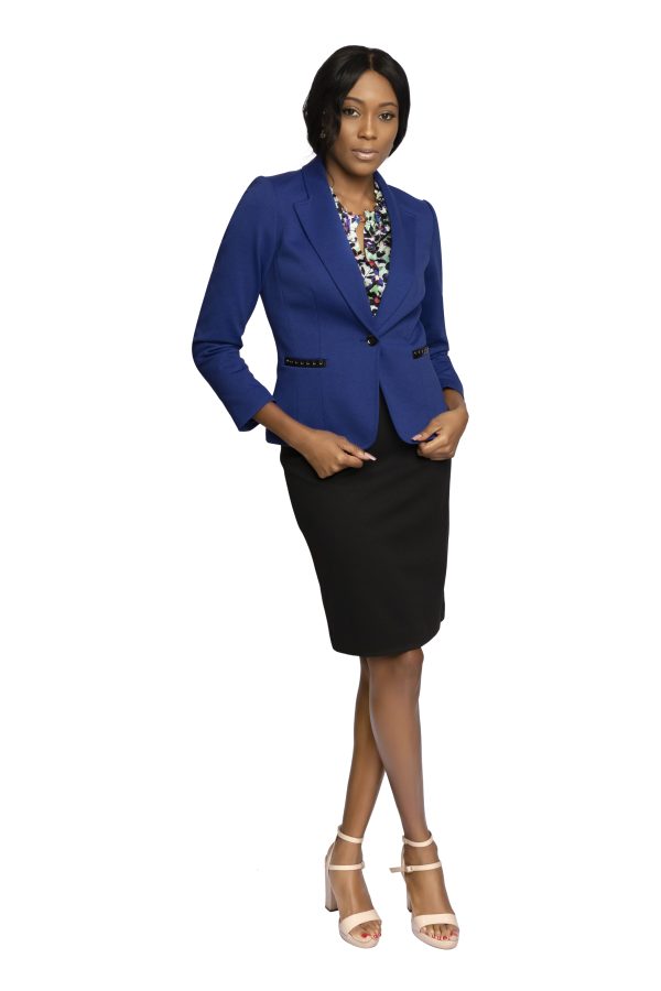 Tahari Royal Blue/Black Skirt Suit with faux leather trim and eyelets on pockets