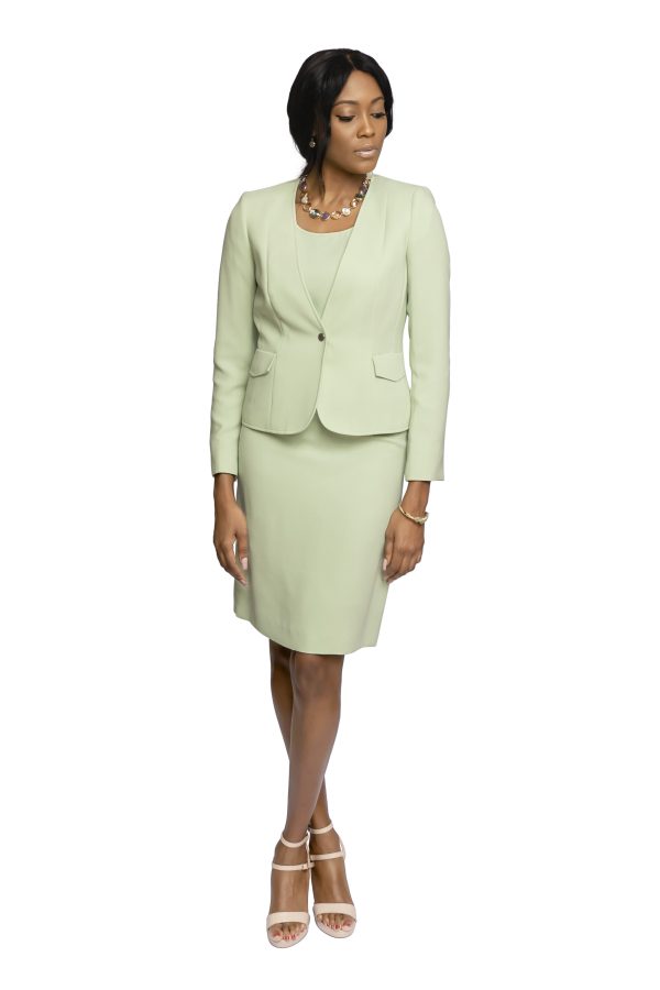 Tahari 3-piece skirt suit in Palm Green, with inner shell, single button jacket and pencil skirt
