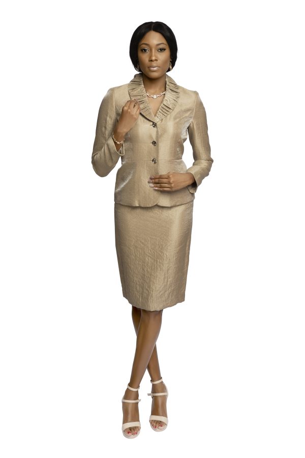 Kasper Golden Honey Skirt Suit, with pleated collar and diamond buttons, perfect event suit