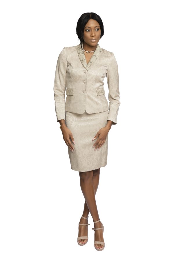 Tahari Beige Shimmer elegant skirt suit with lace collar and pocket tabs. Opened button front